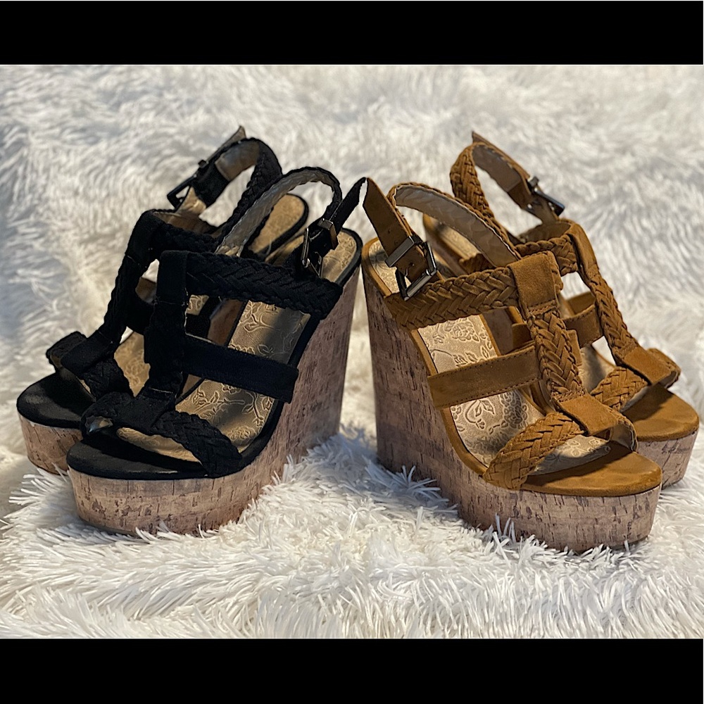 Size 7 Cork wedge in Tan and Black Excellent Condition
